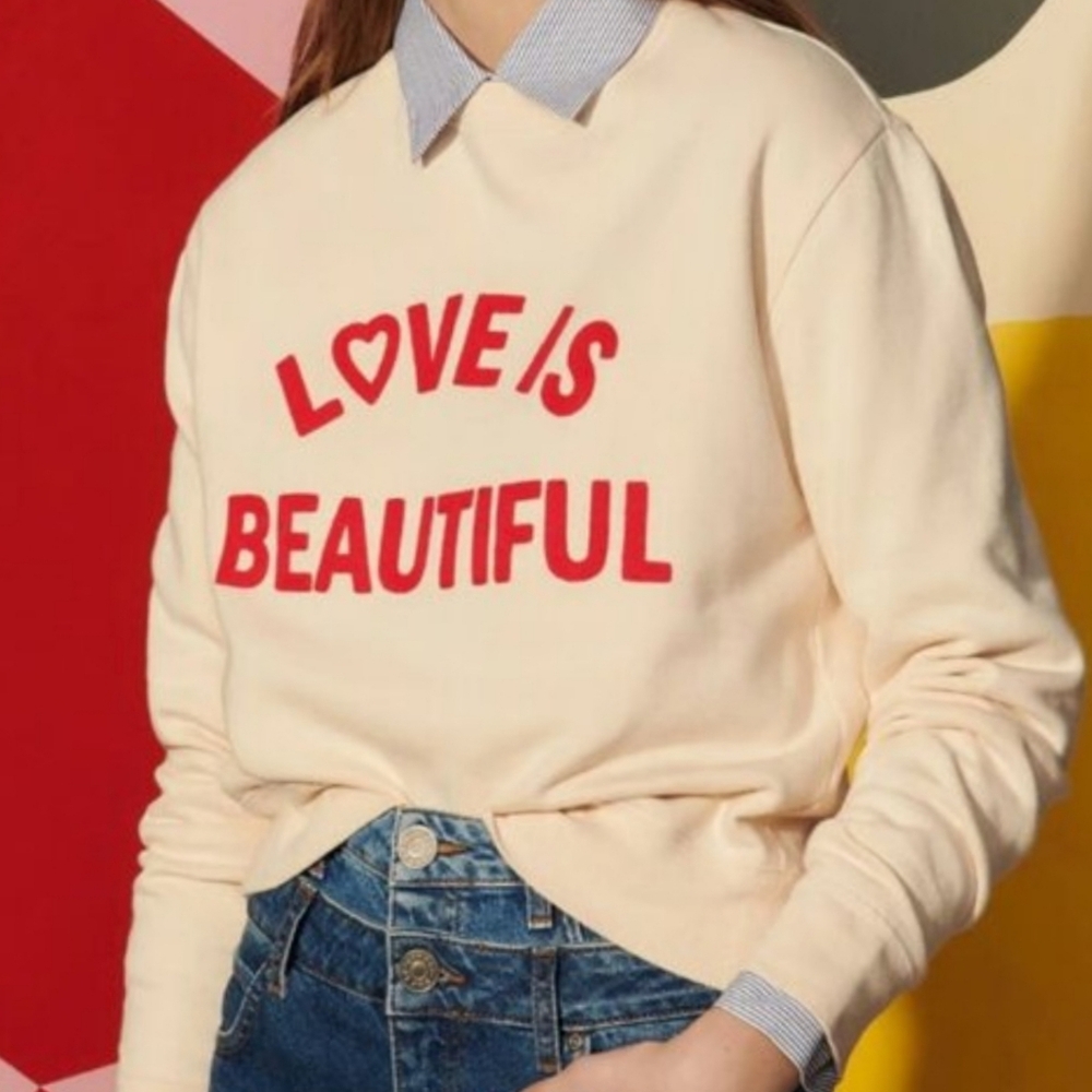 Sandro Paris Stan Embroidered Love Is Beautiful Cream Graphic Sweatshirt